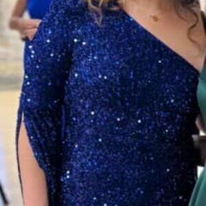 One Shoulder Royal Blue Sequin Floor-Length Dress with Slit and Cape Sleeve